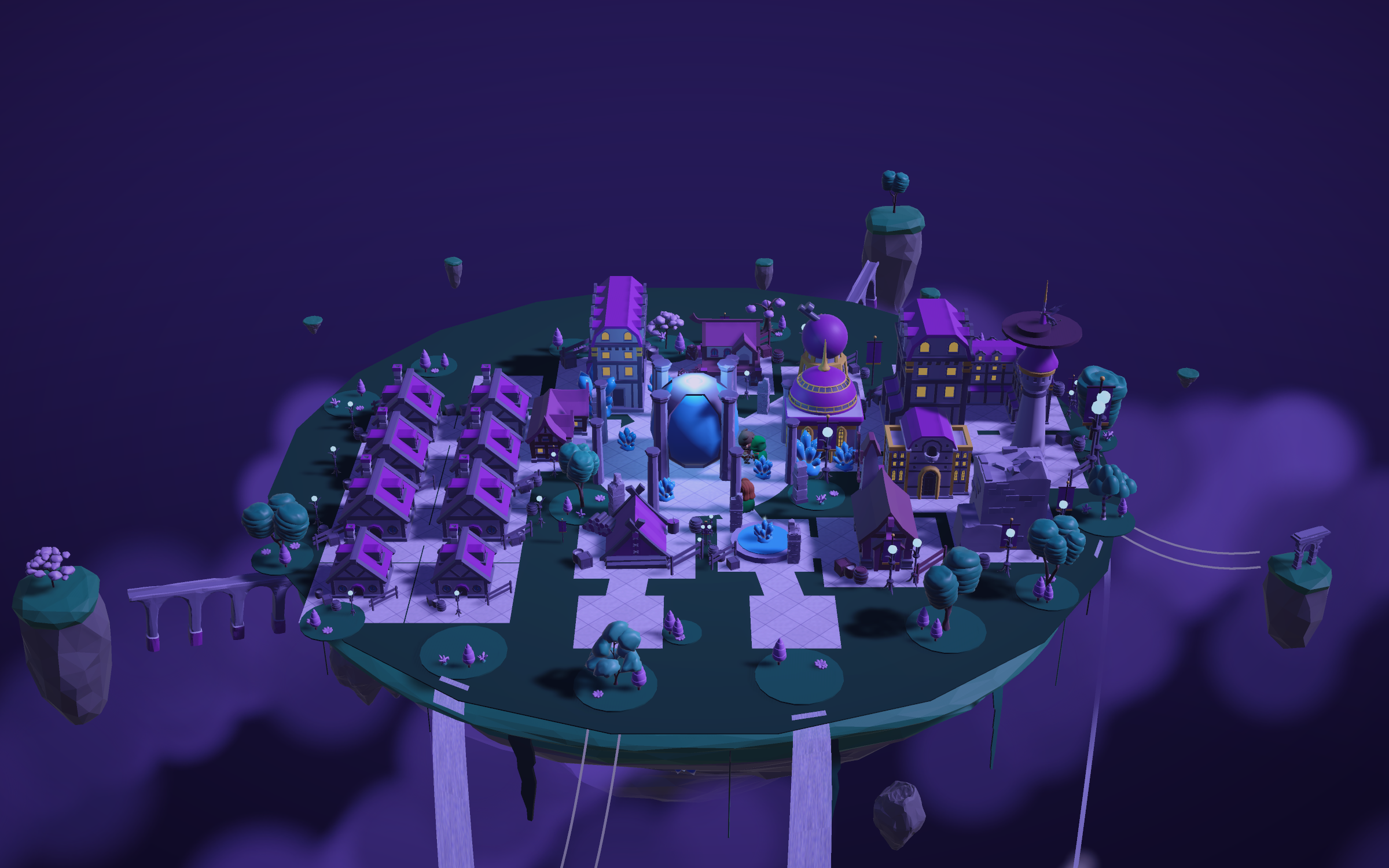 Aetherion: a floating sky-island city at twilight, built around a glowing Aether crystal