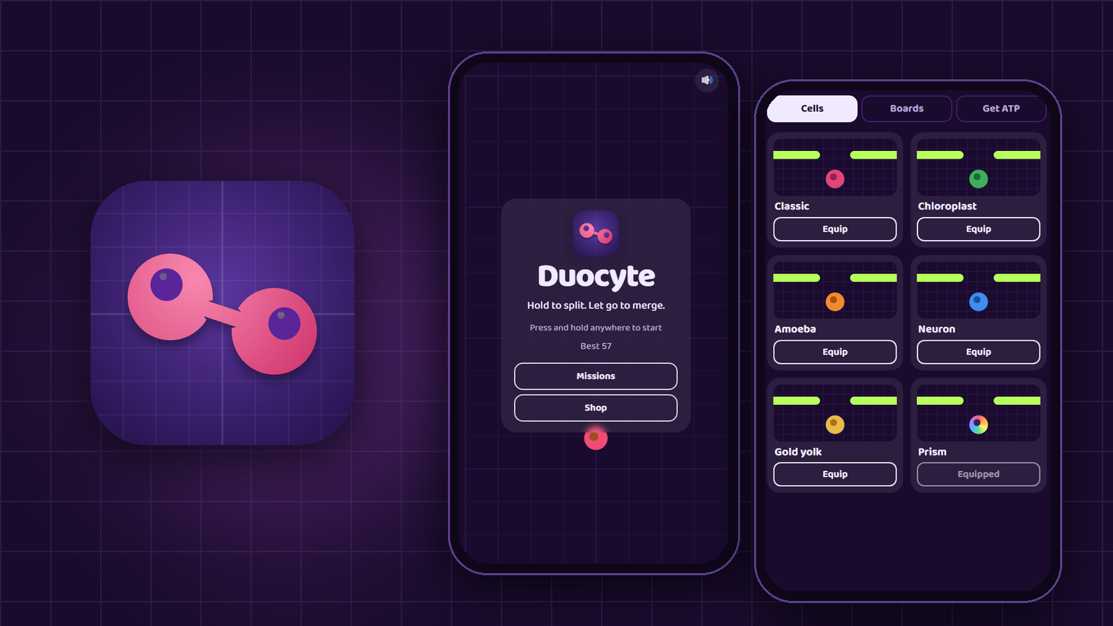 Duocyte: the app icon and two game screens, the menu and the cell skins shop