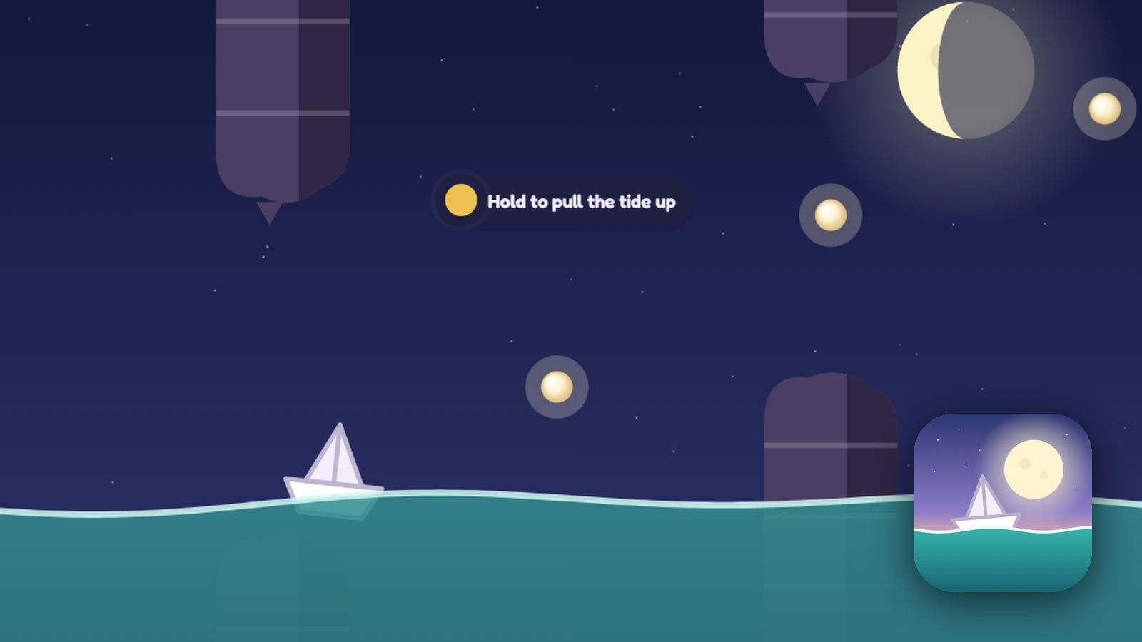 Tidepull: a paper boat riding the tide under the moon, with pearls and rocks